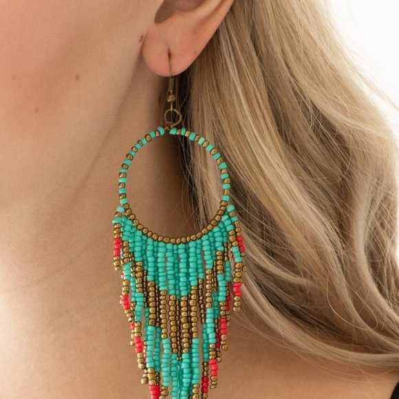 Turquoise Seed Bead Dream Catcher Brass Earrings